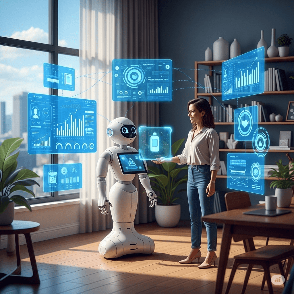 Robot interactuando con interfaz holográfica mostrando personalización de cliente impulsada por IA en un entorno de oficina futurista.